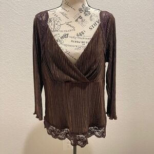 Y2k Cato Brown Pleated Lace Trim V Neck XL Fairy Grunge Bohemian Chic‎